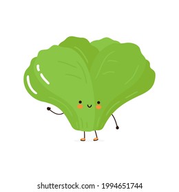 Cute funny green salad letuce character. Vector hand drawn cartoon kawaii character illustration icon. Isolated on white background. Green salad letuce character concept