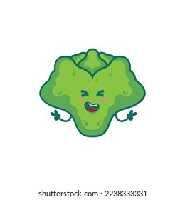 Cute funny green salad letuce character. Vector hand drawn cartoon kawaii character illustration icon. Isolated on white background. Green salad letuce character concept