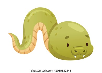 Cute funny green snake. Wild reptile baby animal cartoon vector illustration