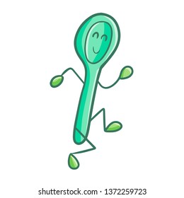 Cute and funny green spoon running and smiling happily