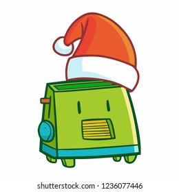 Cute and funny green toaster and wearing Santa's hat for christmas - vector.