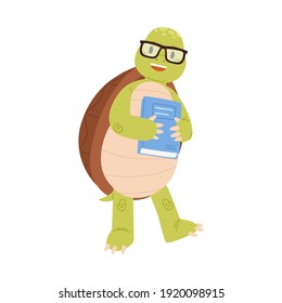 Cute and funny green turtle in glasses holding book. Happy smiling tortoise character in eyeglasses standing on back paws isolated on white background. Childish flat cartoon vector illustration