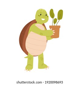 Cute and funny green turtle holding potted plant in hands. Happy smiling tortoise character standing on back paws isolated on white background. Childish vector illustration in flat cartoon style