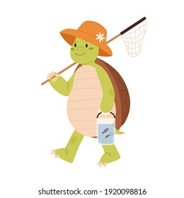 Cute and funny green turtle in summer hat going fishing and carrying landing net. Happy smiling tortoise character walking on back paws isolated on white background. Childish flat vector illustration