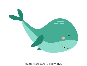 Cute funny green whale character, sea animal. Vector cartoon illustration for stickers, children's books, products, room decoration.