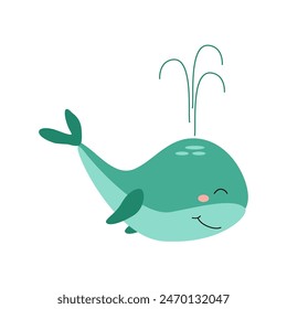 Lindo personaje de ballena verde divertido con carácter de fuente, animal marino. Ilustración de dibujos animados de Vector para pegatinas, libros para niños, productos, decoración de habitaciones.