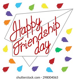 Cute funny greeting card with 'Happy friendship day' caption and multicolored planes on the white fond. Vector illustration eps 10