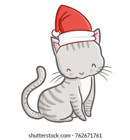 Cute and funny grey cat wearing Santa's hat for Christmas sitting and smiling - vector.
