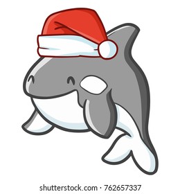 Cute and funny grey shark wearing Santa's hat for Christmas and smiling - vector.