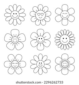 Cute funny groovy flowers collection in linear style. Funny head face outline with petals. Vector illustration. 