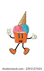 Cute funny groovy ice cream character in retro style, shows class with his hand, and smiles. For cafe logo, advertisement, decoration, postcard. Vector. 