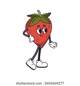 Cute and funny groovy retro character. Vector isolated strawberry girl with leaves on head, legs, and hands. Fashionable shy ripe berry, comic mascot or personage with seeds and foliage