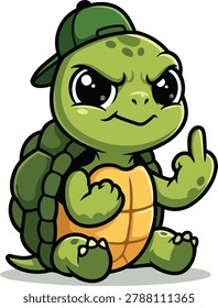 Cute and Funny Grumpy Baby Turtle Cartoon Mascot with Humorous Defiant Hand Gesture Vector Illustration on White Background
