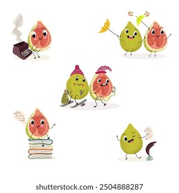 Cute funny guava character vector illustration set.