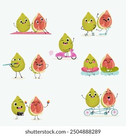 Cute funny guava character vector illustration set.