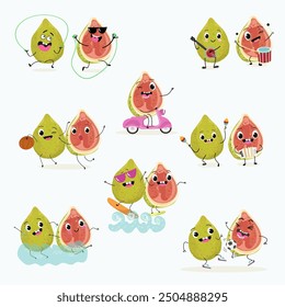 Cute funny guava character vector illustration set.