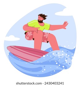 Cute funny guy in swimwear surfing in sea or ocean. Enjoying summer time, vacation, holidays, flat design vector character cartoon illustration. Summer beach and water sport activities.