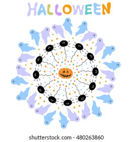 Cute and funny halloween background with  ghosts, spiders, dots and pumpkin