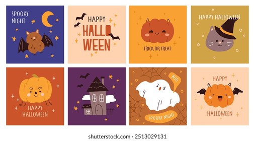 Cute funny Halloween cards, square designs set. October holiday, festive haunted pumpkins, cat in witch hat, comic ghost, bat for happy Trick or Treat. Kids childish flat vector illustration