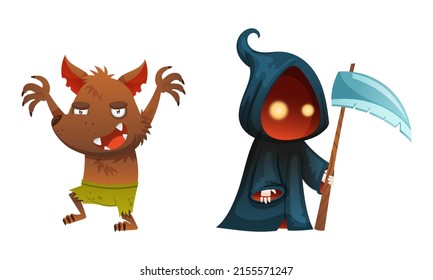 Cute Funny Halloween Characters Set. Reaper With Scythe And Werewolf Cartoon Vector Illustration