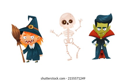 Cute funny Halloween characters set. Witch, dracula and skeleton cartoon vector illustration