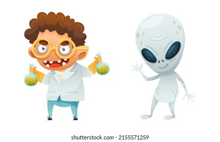 Cute funny Halloween characters set. Mad scientist and alien cartoon vector illustration