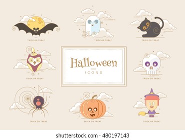 Cute funny Halloween icon set with golden outlines 