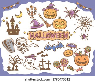 Cute and funny Halloween illustration set. Vector illustration.