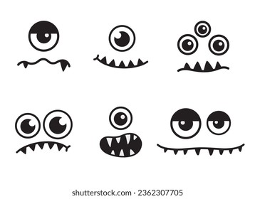 Caras monstruosas de Halloween graciosas, ojos, boca con colmillos de ilustración vectorial.