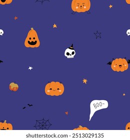 Cute funny Halloween pattern with pumpkins. Seamless autumn background, October holiday print for wrapping paper, textile, Trick or Treat design. Childish kids colored flat vector illustration