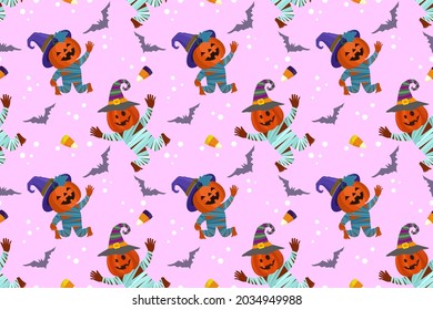 Cute and funny Halloween pumpkin with bat seamless pattern.
