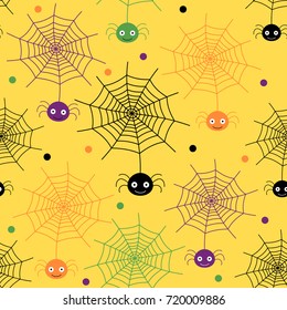 Cute and funny Halloween seamless background pattern with spiders with smiling faces in black, orange, purple and green colors for invitations, greeting cards and backdrops
