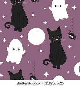 cute funny halloween seamless vector pattern illustration with cartoon character black cats, ghost, spiders, moon and stars on purple background 