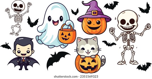 Cute Funny Halloween set collection: vampiro, dracula, esqueleto, cráneo, gato, calabaza, sombrero de bruja, silueta de murciélago. Ilustración vectorial para Halloween. fiesta de halloween para los niños.