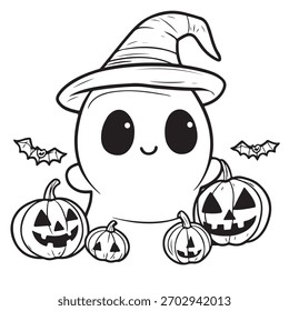 Cute Funny Halloween Vector Illustration coloring pages with pumpkins, ghosts, and bats for kids