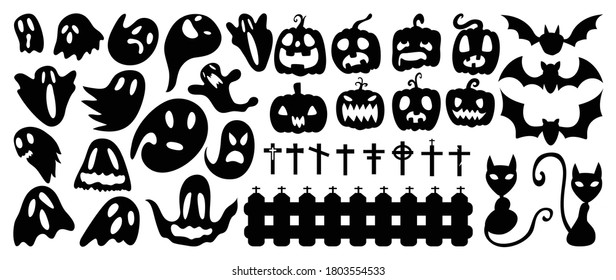 Cute and funny Halloween vector set. Silhouette   cartoon characters elements for children. Pumpkin, ghost, cat, bat and more. Isolated icons and holiday symbols for for invitations  and packaging.