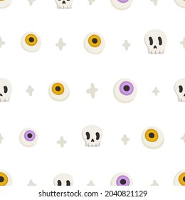 Cute and funny haloween pattern. Doodle eyes and scull seamless texture for textile, fabric, apparel, wrapping, paper, stationery.