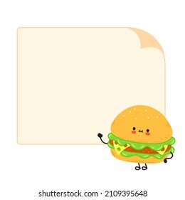 Cute funny hamburger character with speech bubble. Vector hand drawn cartoon kawaii character illustration icon. Isolated on white background. Happy hamburger character concept