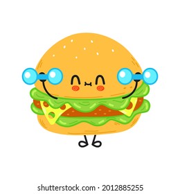 Cute funny hamburger with dumbbells. Vector hand drawn cartoon kawaii character illustration icon. Isolated on white background. Hamburger gym concept