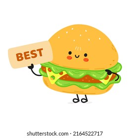 Cute lustige Hamburger mit Plakat besten Charakter. Vektorhandgezeichnete Cartoons kawaii Zeichentricksymbol. Einzeln auf weißem Hintergrund. Hamburger Charakterkonzept