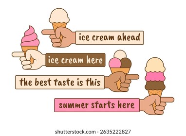 Cute funny hand, arm pointing the way, road to the store, signpost with ice cream, gelato. Gesture with index finger. Isolated flat style hand drawn vector EPS10 