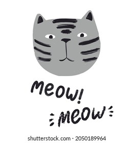 Cute funny hand drawn cat print. Kids and baby fashion design. Doodle cat character. Fluffy pet. Vector illustration