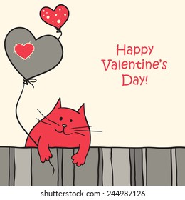 Cute and funny hand drawn cat with heart balloons. Valentine greeting card