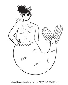 Cute and funny hand drawn chubby merman with hair on chest and hands, wearing a crown. Isolated vector illustration in doodle style