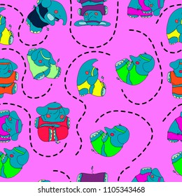 Cute and funny hand drawn elephant doing yoga seamless pattern vect