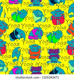 Cute and funny hand drawn elephant doing yoga seamless pattern vect