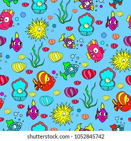 Cute and funny hand drawn fish in the ocean seamless pattern vector