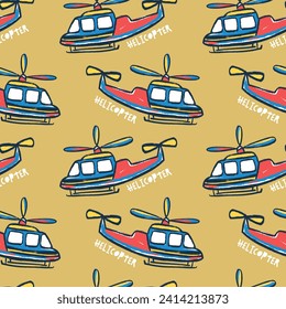 Cute funny hand drawn helicopter pattern and graphic tee design for kids market as vector