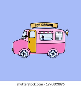 Cute and funny hand drawn ice cream van isolated clipart on the background. Classic summer ice cream truck in bright and pink colors. Side view vector illustration with hand drawn outline.