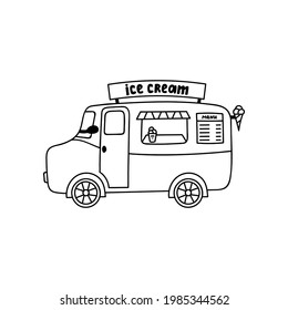 Una pequeña y divertida camioneta de helados dibujada a mano aisló doodle en el fondo blanco. Camión de helados de verano clásico con colores vivos y rosas. Ilustración vectorial de vista lateral.